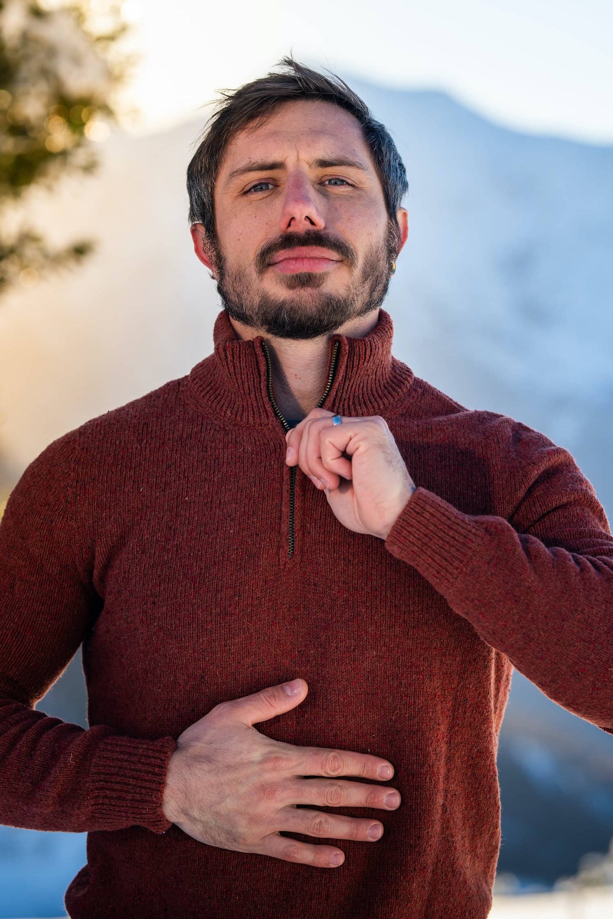pull éthique et responsable, homme, cot, col camionneur montant, marron, rouille, cognac, laine des Pyrénées et coton recyclé maison izard made in france