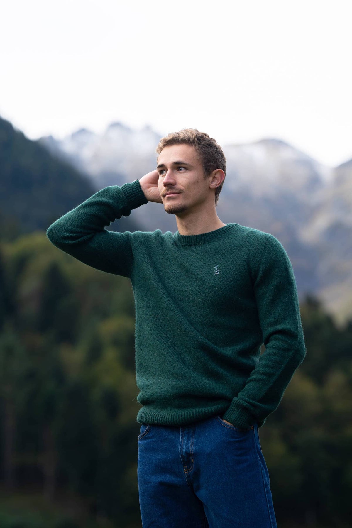 pull éthique homme col rond, vert sapin, en laine des Pyrénées et coton recyclé, made in France, maison izard