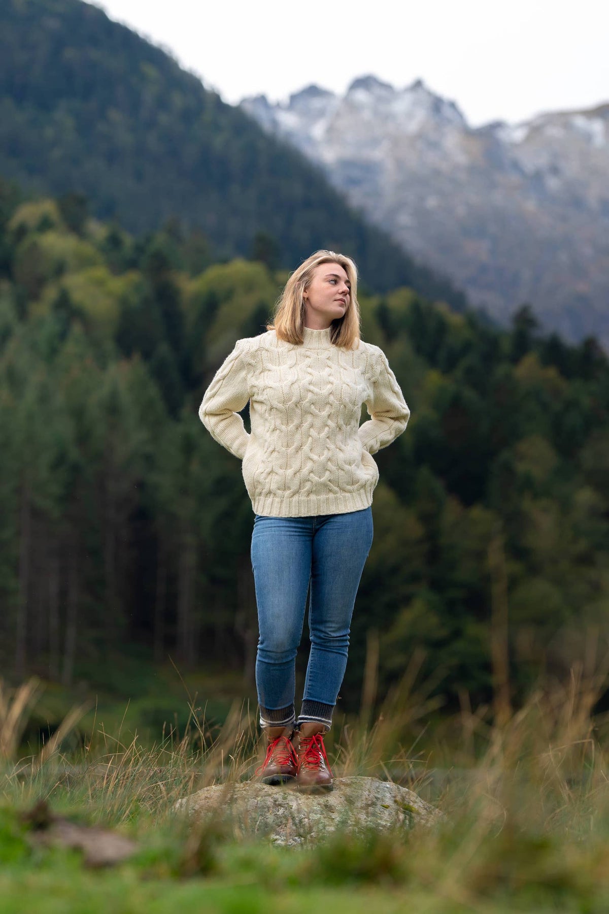 Pull torsades irlandais laine femme, 100% laine française, col montant, loose, made in France, Pyrénées, maison izard