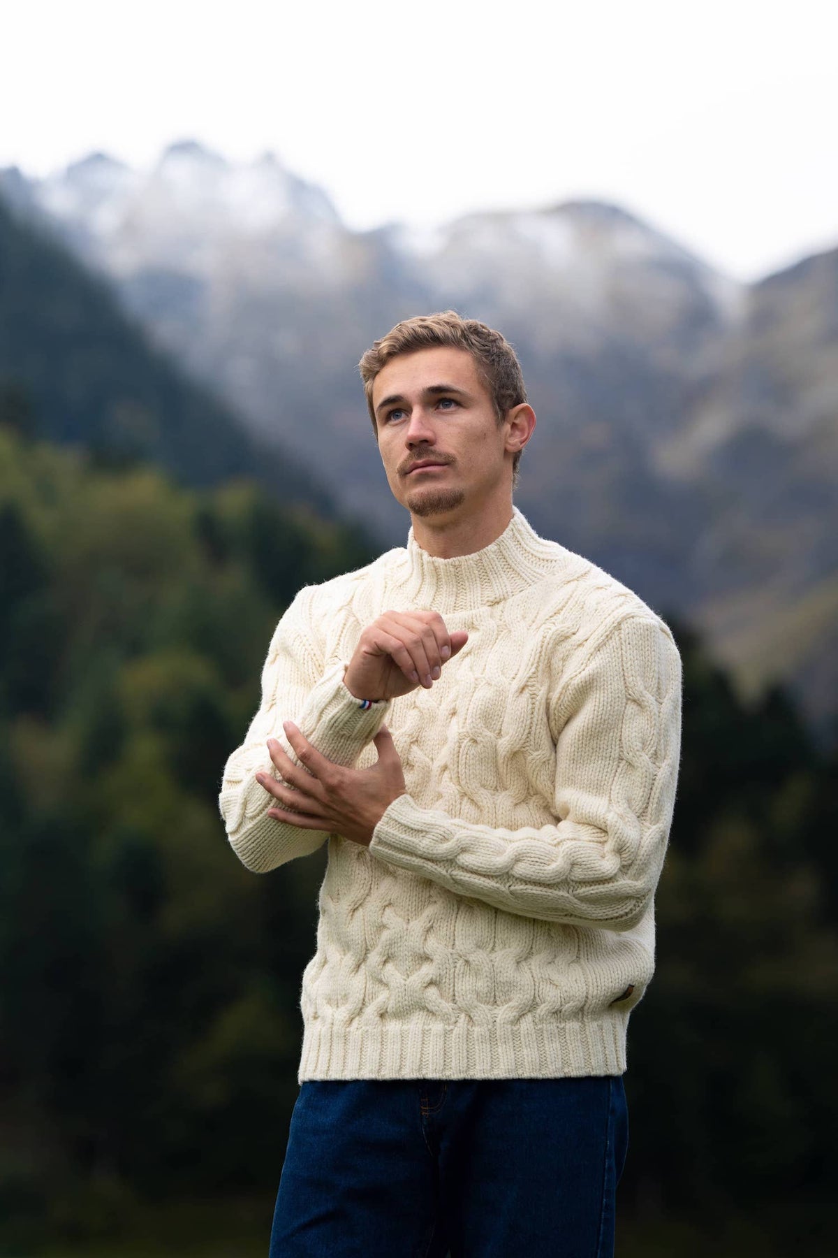 Pull torsades irlandais laine homme, 100% laine française, col montant, loose, made in France, Pyrénées, maison izard